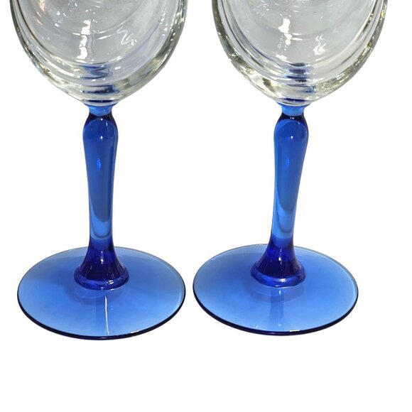 2 Libbey Crystal Blue Water Wine Glasses 8" Cobalt swag optic vintage gold trim - Picture 4 of 8